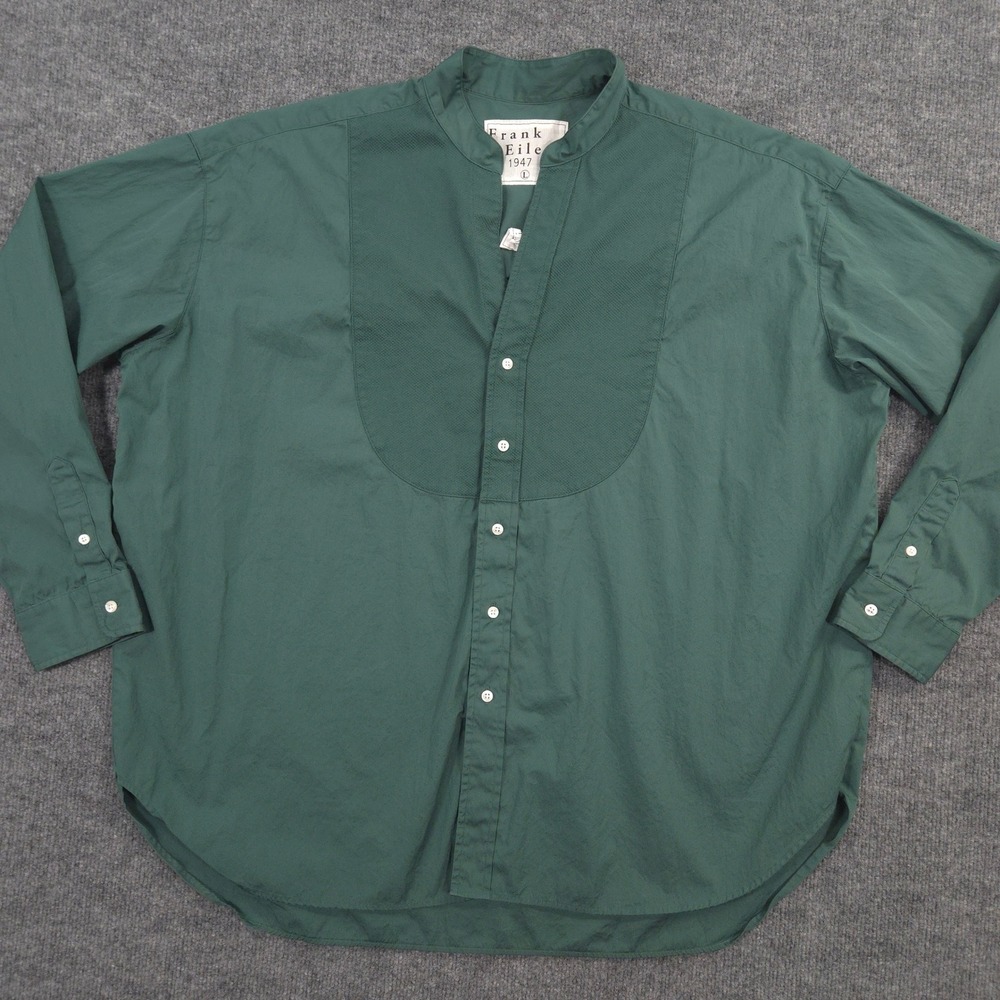 Frank & Eileen Victoria Shirt Womens L Green Italian Tuxedo Bib Button Front